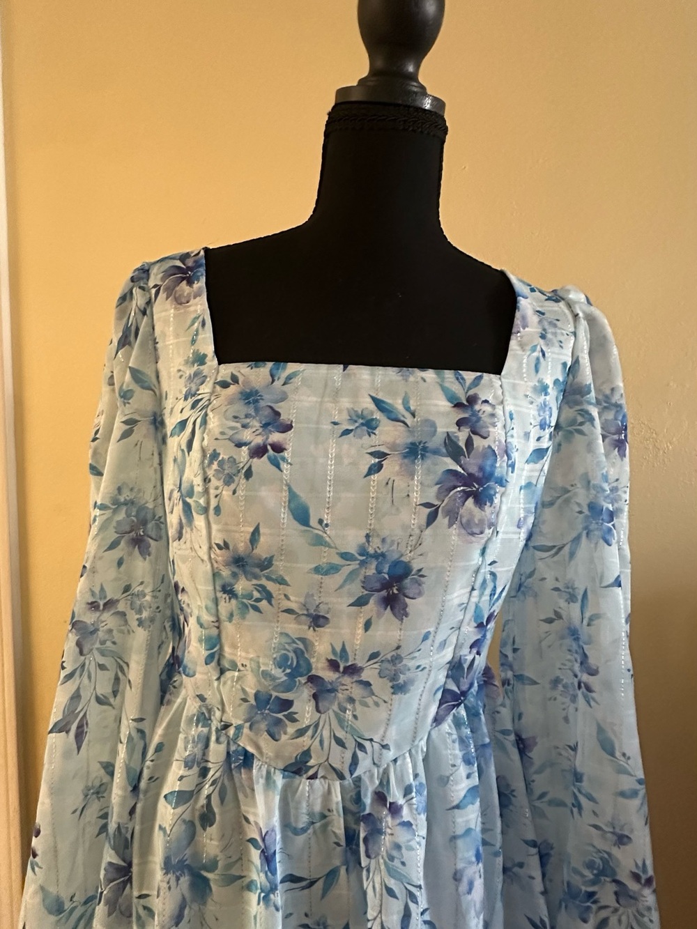 Light Blue Floral Square-Neck Maxi Dress